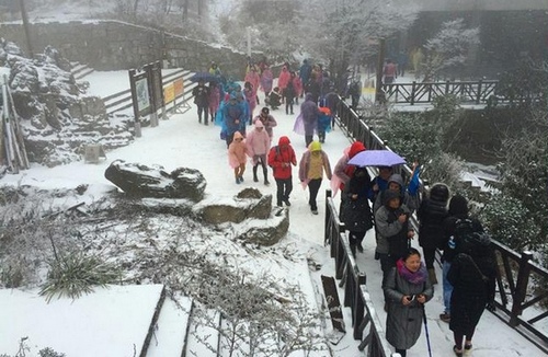 Zhangjiajie Tianmen Mountain welcomes the first spring snow