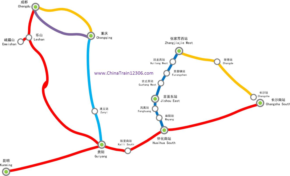 High-speed rail map for Chengdu-Chongqing-Guiyang-Kunming-Fenghuang-Zhangjiajie